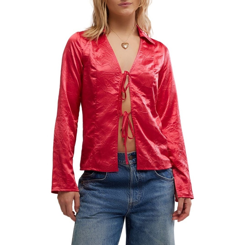Free People Star Eyes Crinkle  Top Red Jacquard Tie Front Long‎ Sleeve Shirt M